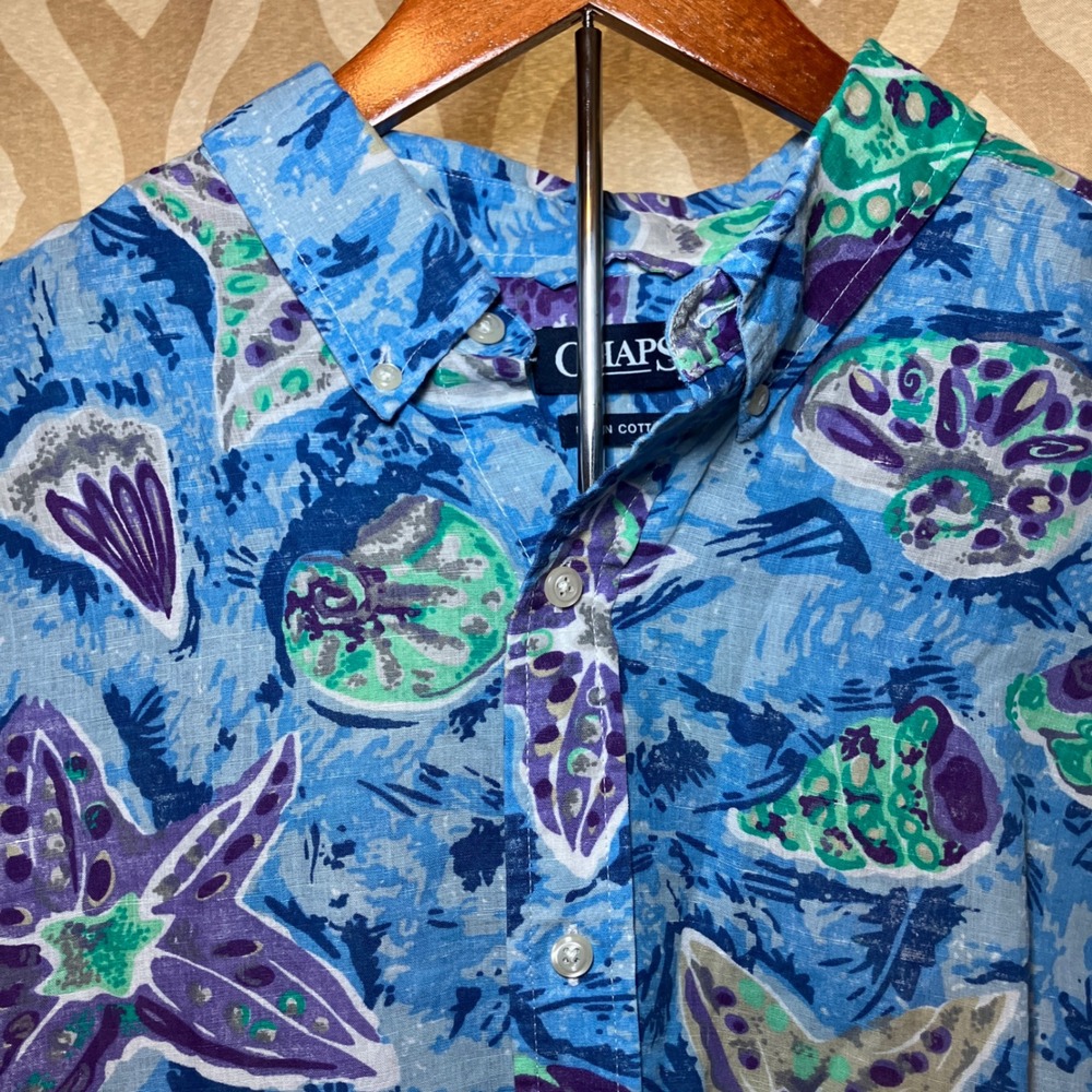 Chaps Mens XXL Swiss Blue Starfish Seashell Linen Cotton Short Sleeve Shirt - Picture 2 of 8
